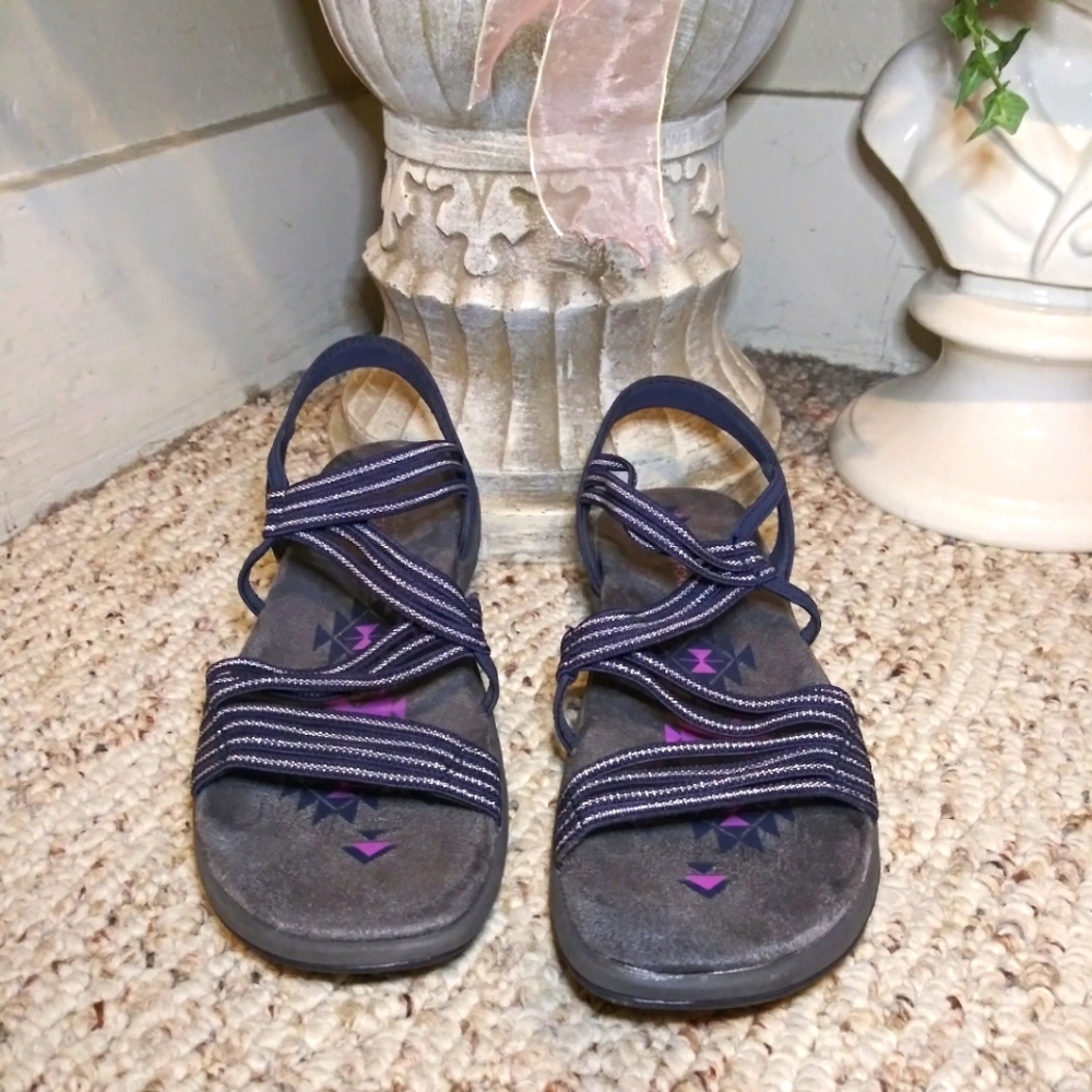 Skechers Reggae Slim "Stretch Slinky" Navy & Silver Washable Memory Foam Sandals - Picture 2 of 9